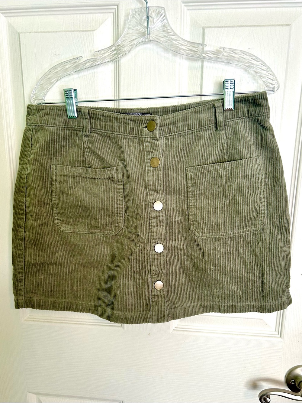 Button-Front Corduroy Mini Skirt in Olive Green